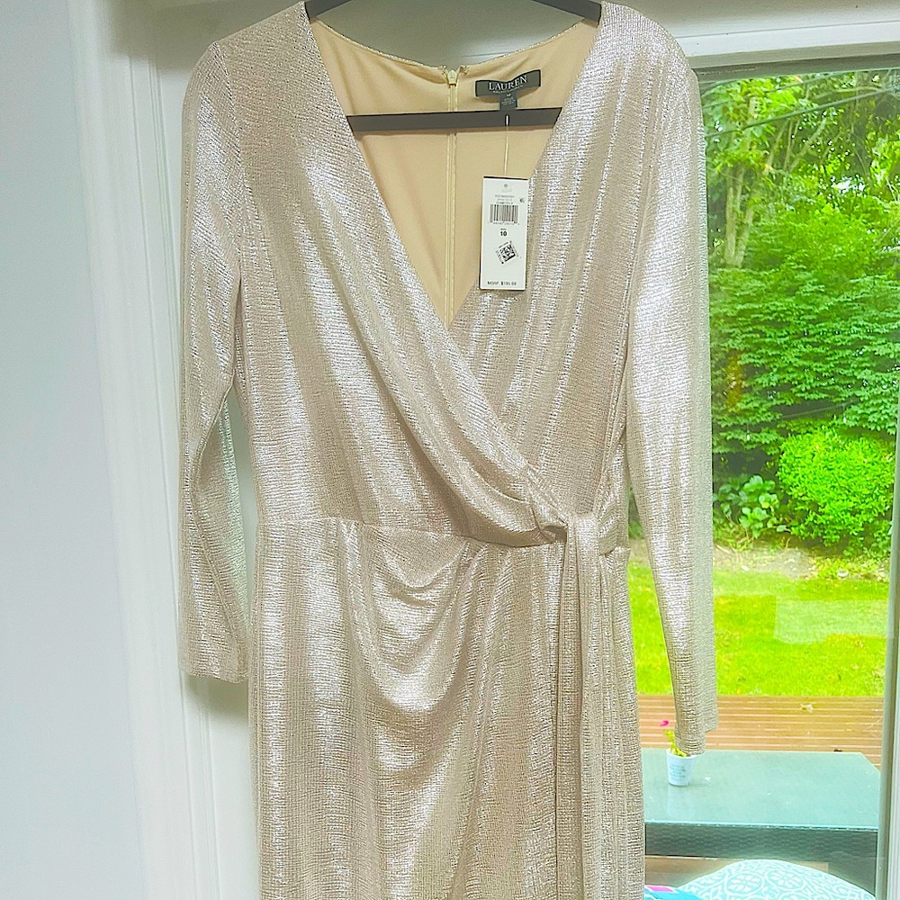 Selling a Ralph Lauren faux wrap dress. Size 10. New with ticket. Metallic.